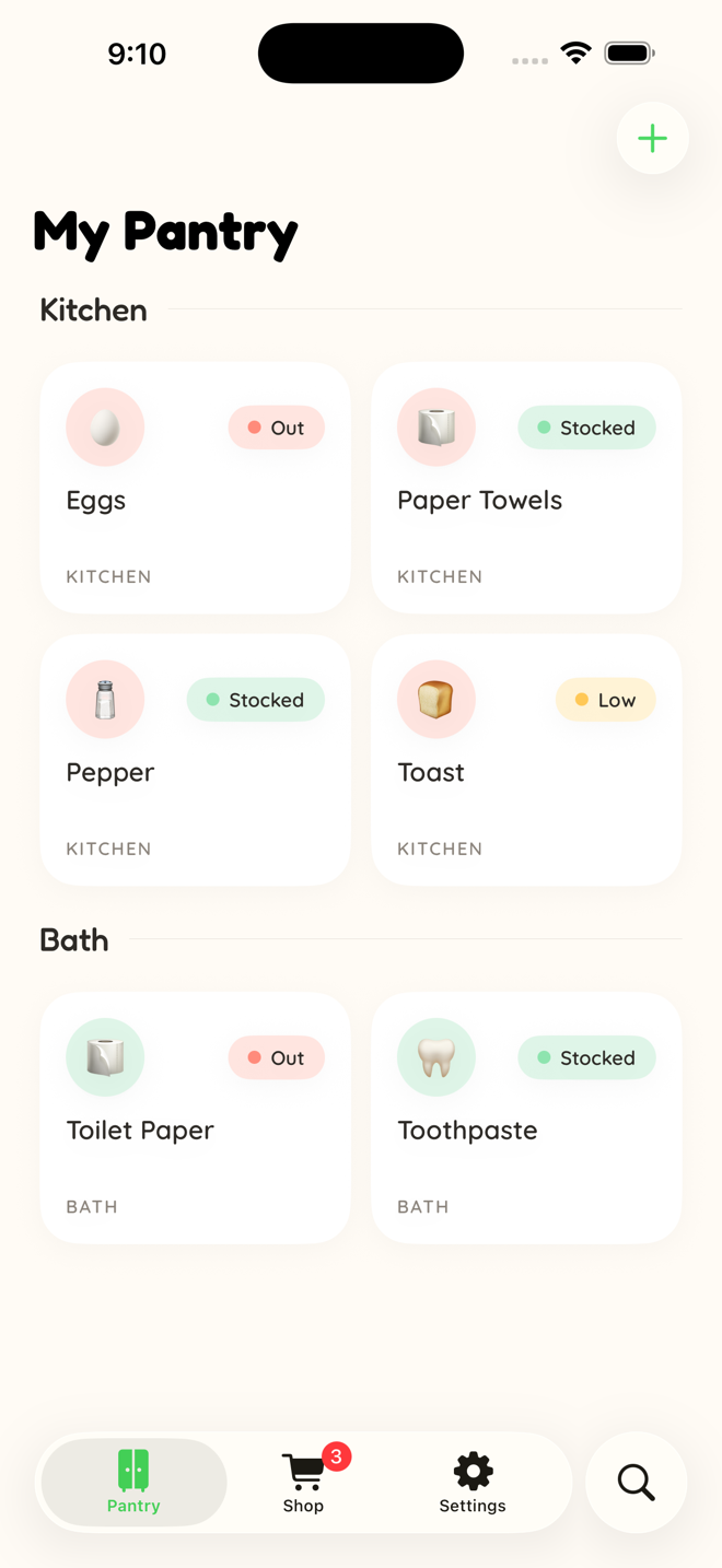 cubby Pantry screen showing household essentials organized by category and stock status