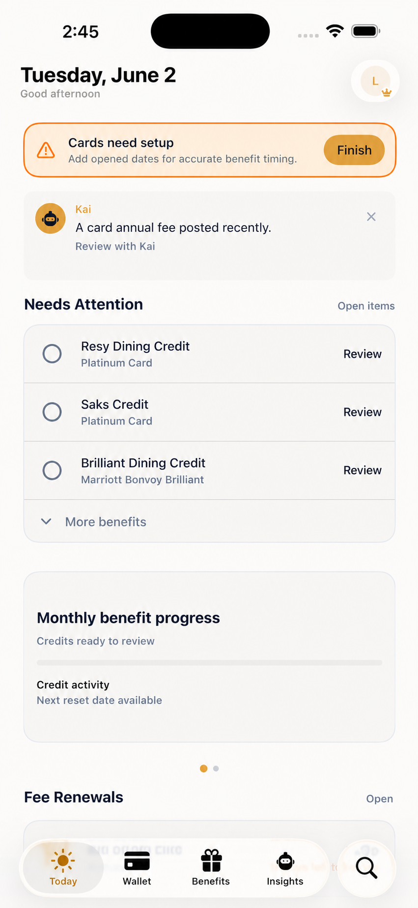 kardfolio Today screen showing card benefits that need attention
